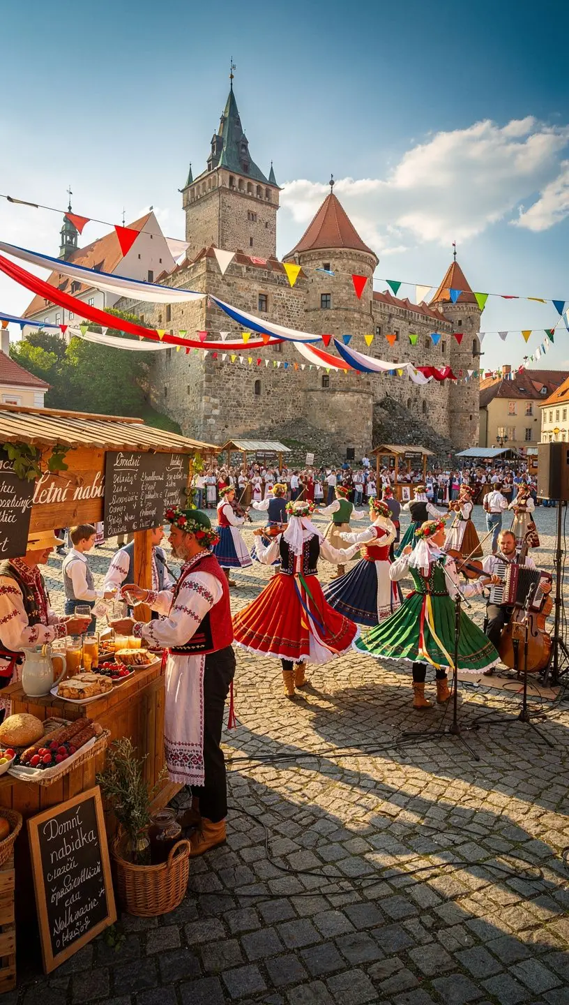 Malebná krajina Českého ráje s lidmi na cyklistickém výletě.