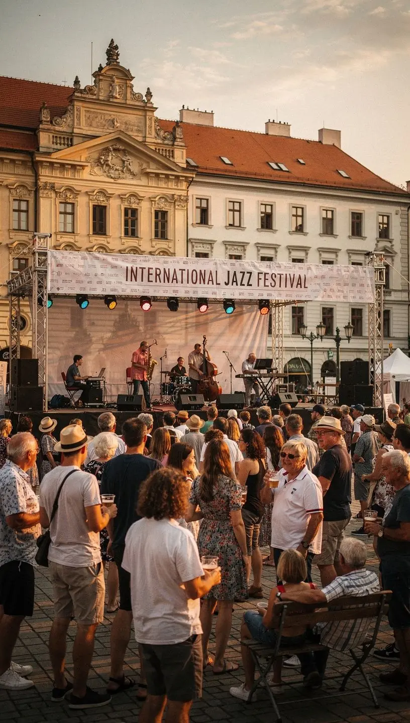 Tradiční české jídlo servírované na místním jarmarku s lidmi v krojích.